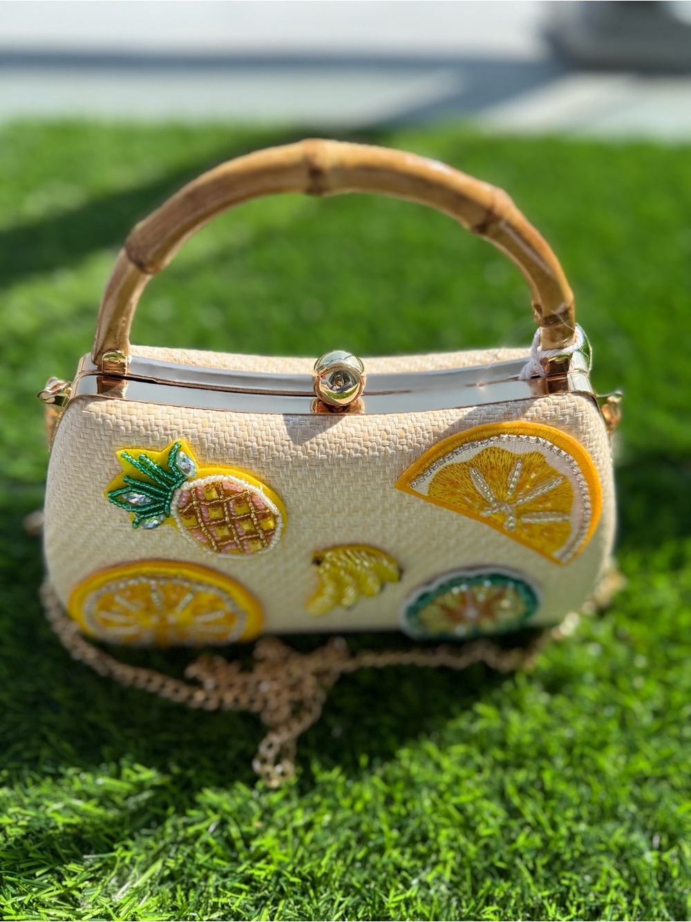 Yellow Fruit Appliqué Straw Handbag with Bamboo Handle - Picture 2 of 4